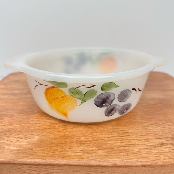 Anchor Hocking Fire King Gay Fad Small milkglass bowl, fruits pattern #445 - Picture 2 of 8